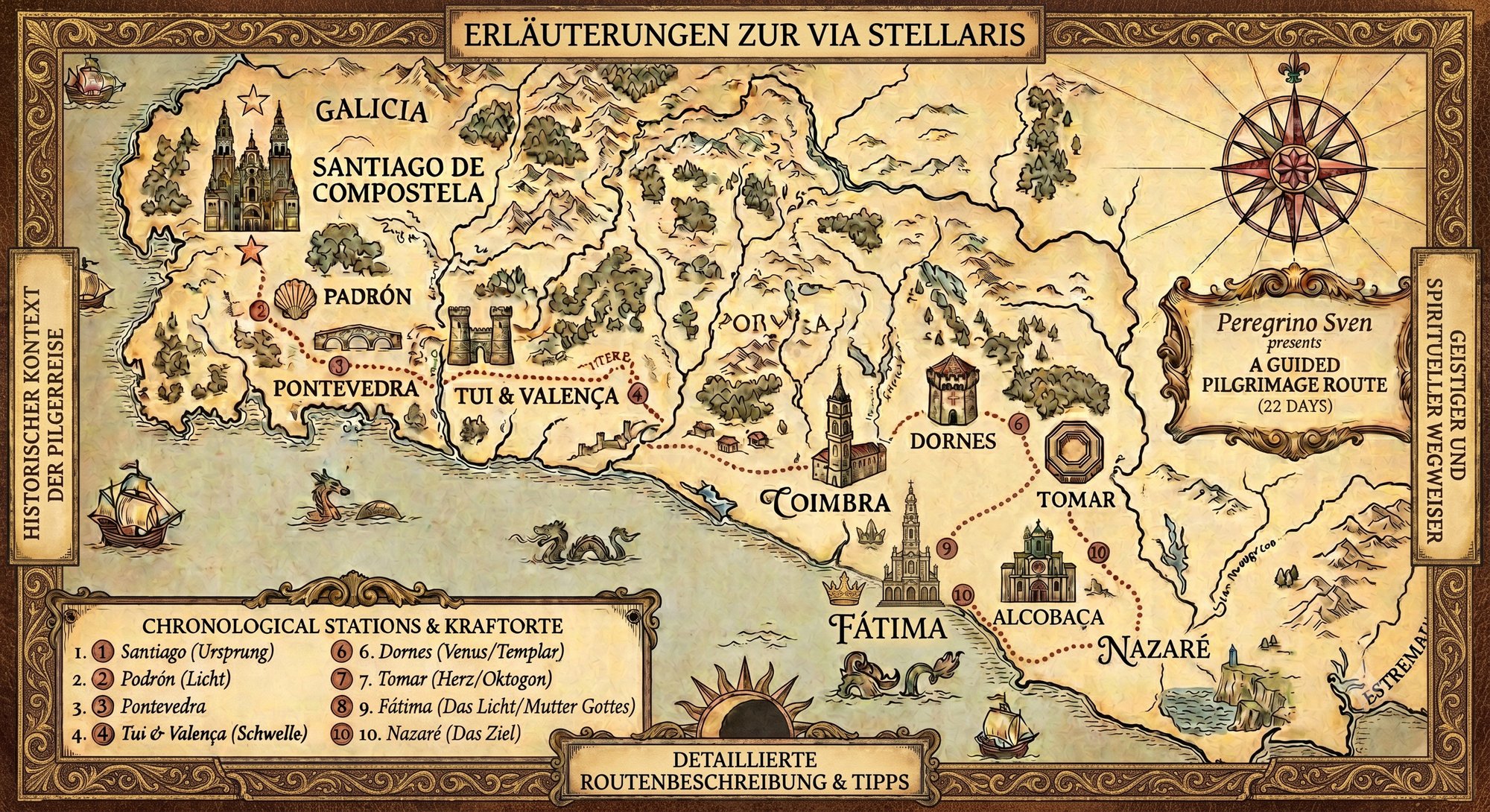 Illustrierte Karte der Via Stellaris Octo-Rosa von Santiago de Compostela über Padrón, Pontevedra, Tui, Coimbra, Dornes, Tomar und Fátima nach Nazaré